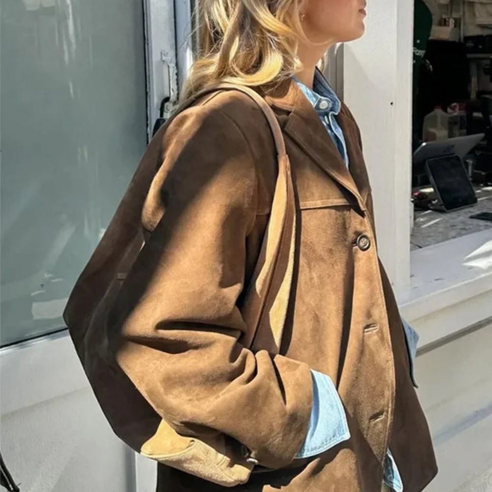 Casual Brown Lapel Pocket PU Suede Leather Jacket Fashion Woman Single Button - Picture 4 of 9